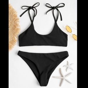 ZAFUL Tie Shoulders Ribbed Bikini - Black